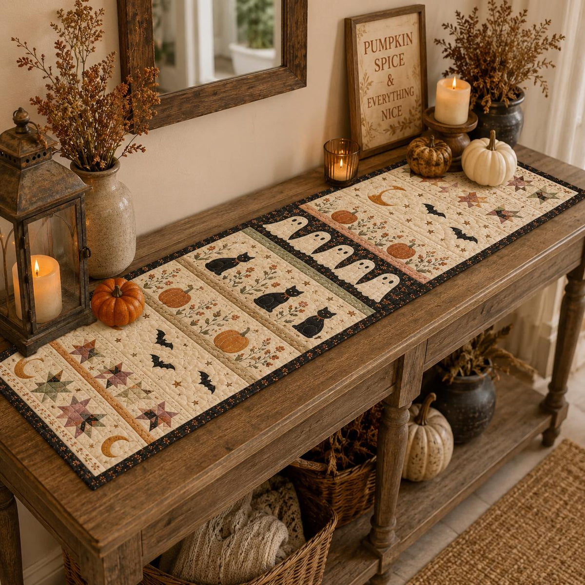 Halloween Quilted Table Runner, Fall Table Runner, Pumpkin Cat Ghost Bat Table Decor, Spooky Autumn Dining Table Runner Halloween Home Decor 6f96d8be-5465-4f30-8419-f6f277ffc016-7.jpg