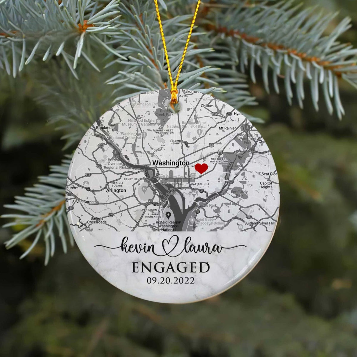 Engaged Ornament, Personalized Map Ornament Engagement Gift, Custom Location Bridal Shower Gift For Bride To Be, Just Engaged Gifts For Couple