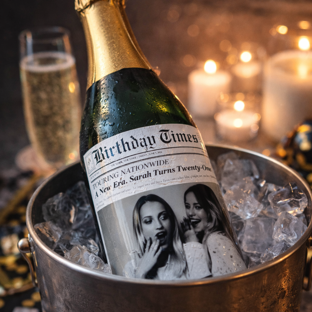 Personalized Birthday Gift, Graduation, Bachelorette, Bottle Labels for Wine, Champagne, Times Newspaper Photo