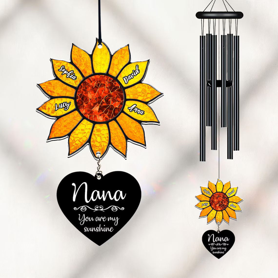 Personalized Sunflower Wind Chime, Custom Grandkids Names, Nana Gift