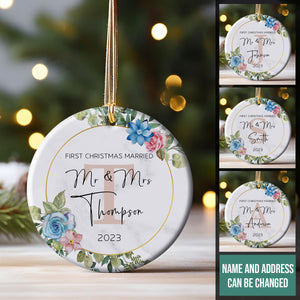 First Christmas Married Circle Wreath With Initial - Personalized Ornament - Christmas Gift