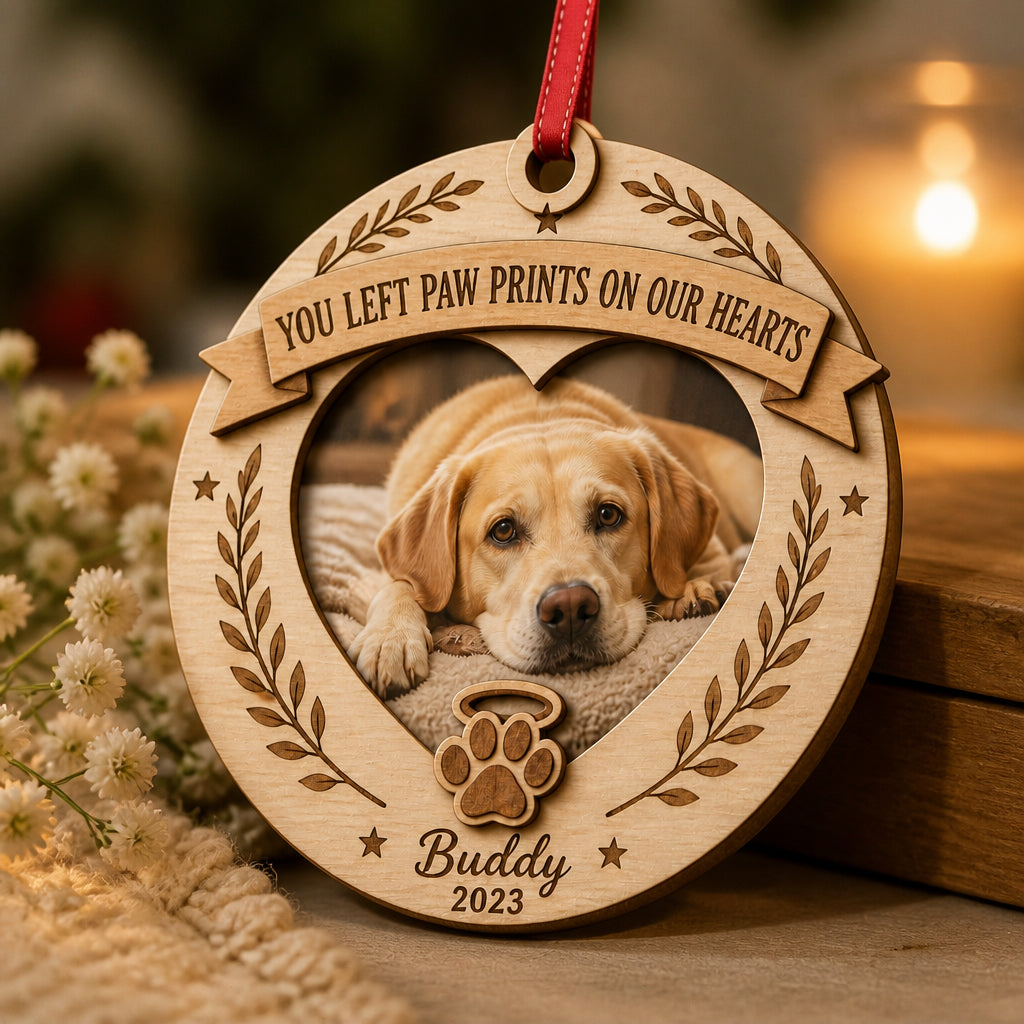 Pet Memorial Photo Ornament — You Left Paw Prints On Our Hearts - Personalized 3-Layered Wood Ornament 70332e7b-26ca-49cf-bee9-09f36bc292cb.jpg