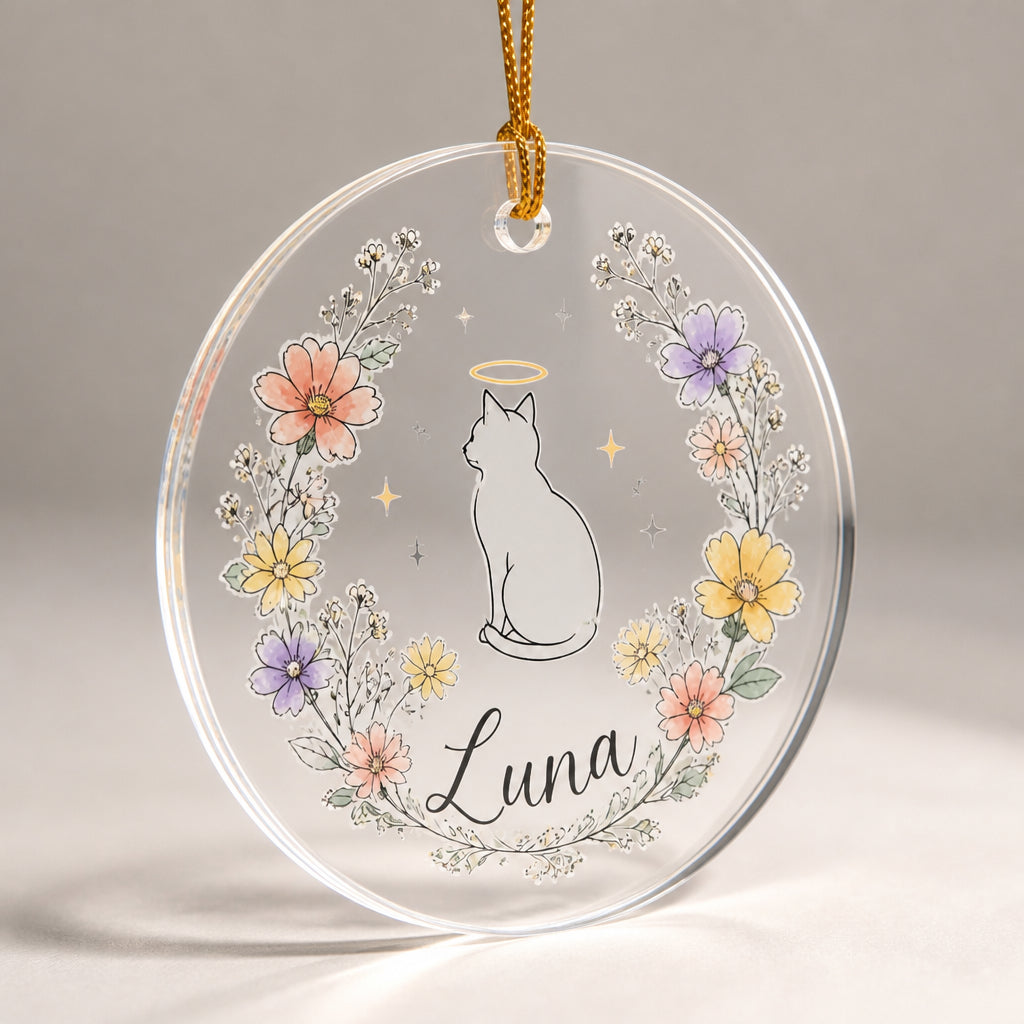 Cat Memorial Floral Name Ornament - Personalized Transparent Acrylic Ornament 703ff225-7987-4b49-9b95-c92e783802ce.jpg