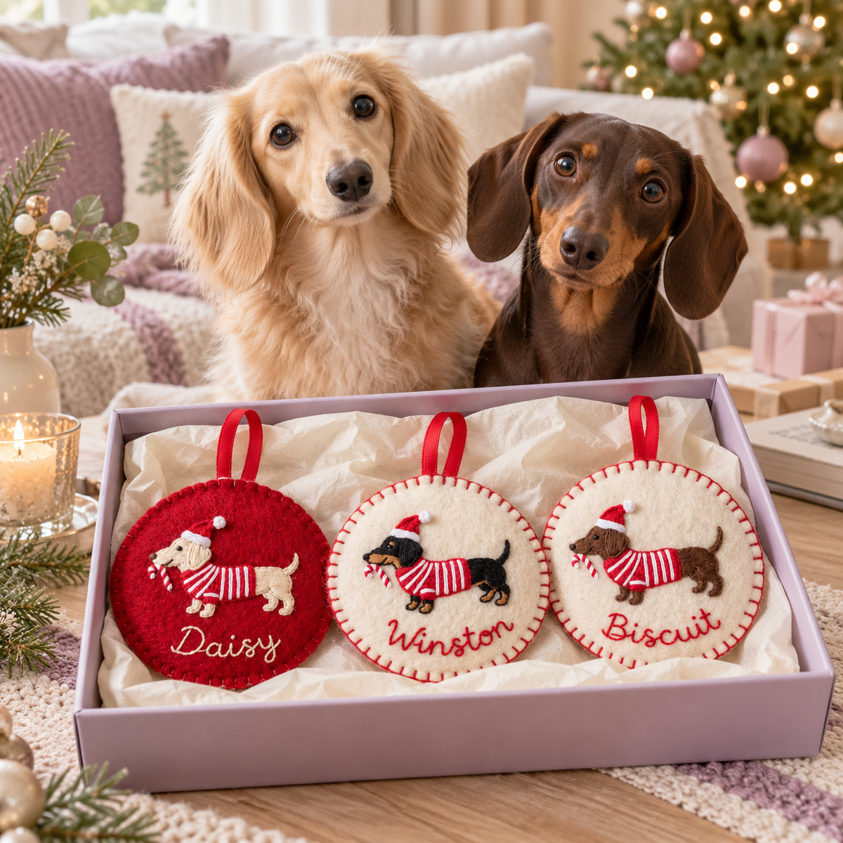 Personalized Dachshund Christmas Ornament, Custom Name Dog Felt Ornament, Doxie Pet Loss Memorial Gift, Gift For Pet Lover, Cute Gift 70ad274f-0efd-45e7-8439-73ad1f10cdd2-Ba-treo-Dachshund-trong-h-p-Noel.png