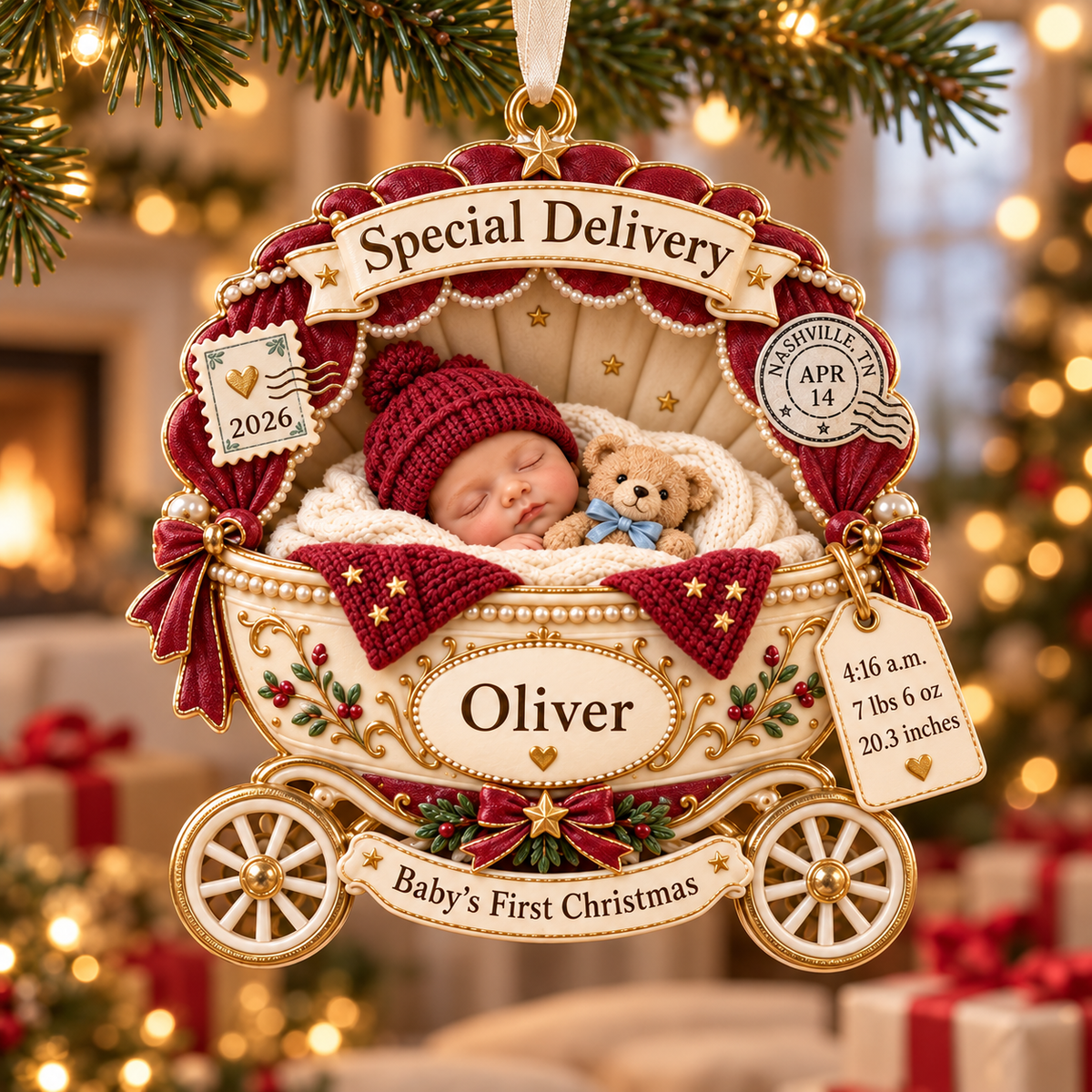 Personalized Baby’s First Christmas Ornament 2026 – Special Delivery Baby Carriage, Custom Name & Birth Stats Keepsake, Gift for New Parents 70ad8609-524f-4777-9d40-3c7e8eeabd02-Burgundy-Special-Delivery-Baby-Ornament-3.png