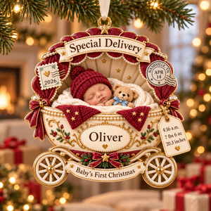 Personalized Baby’s First Christmas Ornament 2026 – Special Delivery Baby Carriage, Custom Name & Birth Stats Keepsake, Gift for New Parents 70ad8609-524f-4777-9d40-3c7e8eeabd02-Burgundy-Special-Delivery-Baby-Ornament-3.png
