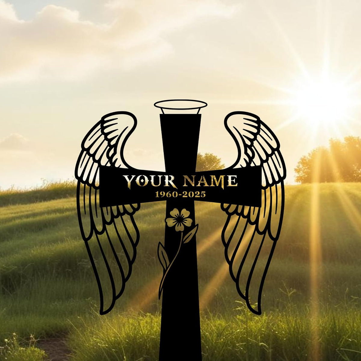 Personalized Cross Praying Hand Memorial Sign, Grave Marker Metal, Traditional Style, Remembrance, Customizable, Garden, Cemetery Stake, Loss of Loved One Sympathy, in Memory of Gifts