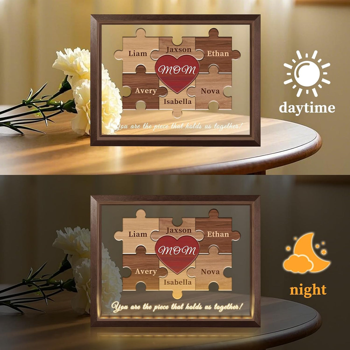 Mom You are The Piece That Holds Us Together, Personalized Mom Puzzle Piece Sign Plaque Frame with LED Night Light, Mothers Day Puzzle Gift, Personalzied from Daughter Son