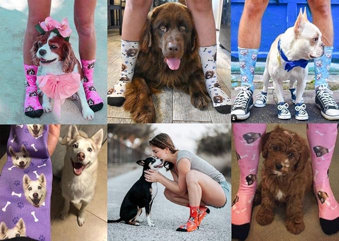 Custom Personalized Photo Pet Face Socks, Cat and Dog Tracks Paws Bones Crew Socks with Picture for Men Women