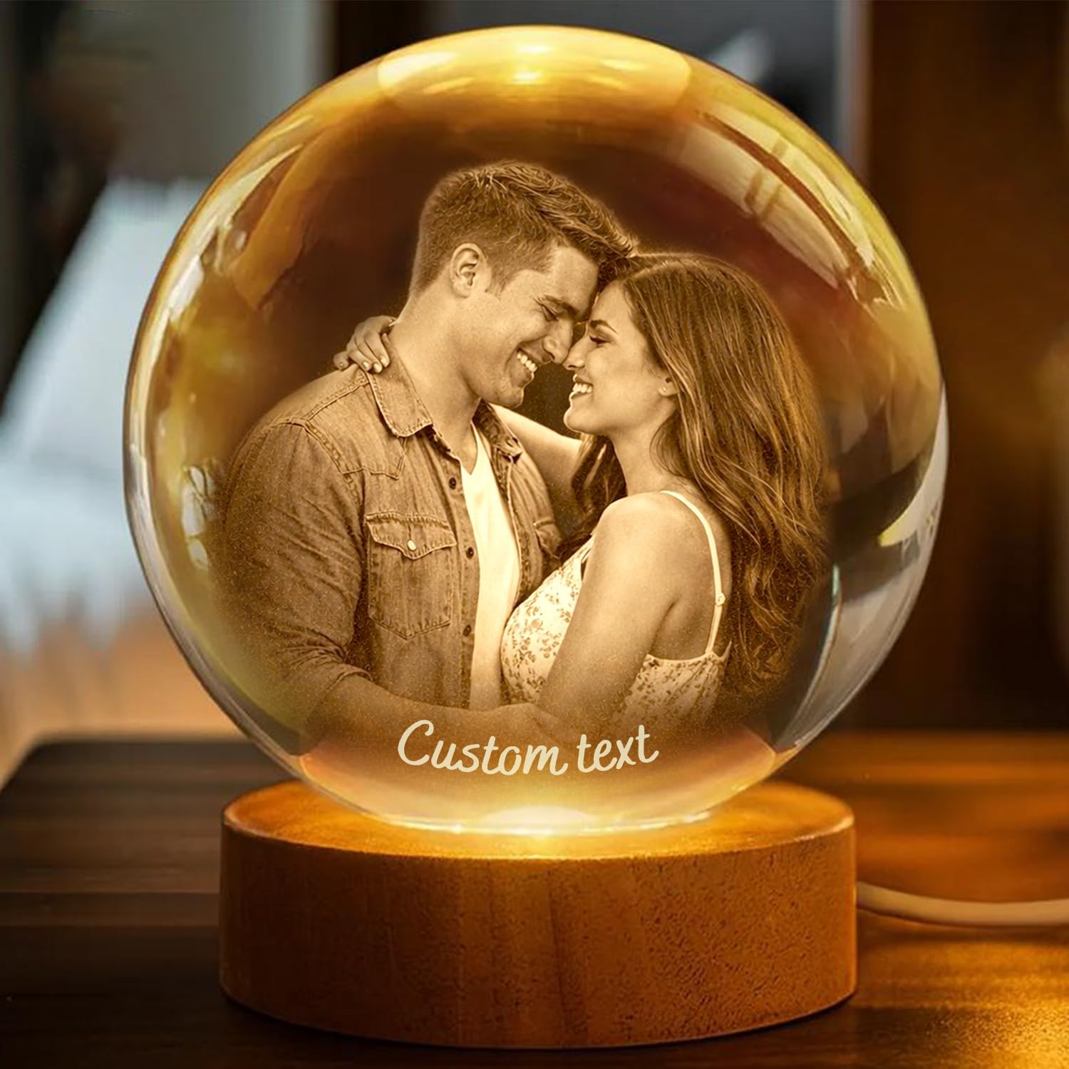 Personalized 3D Photo Crystal Ball, Custom Engraved Picture Lamp with Wood Base, Night Light for Couples, Gifts for Him Her Valentines Day, Anniversary, Personalized Gifts for Husband, Wife