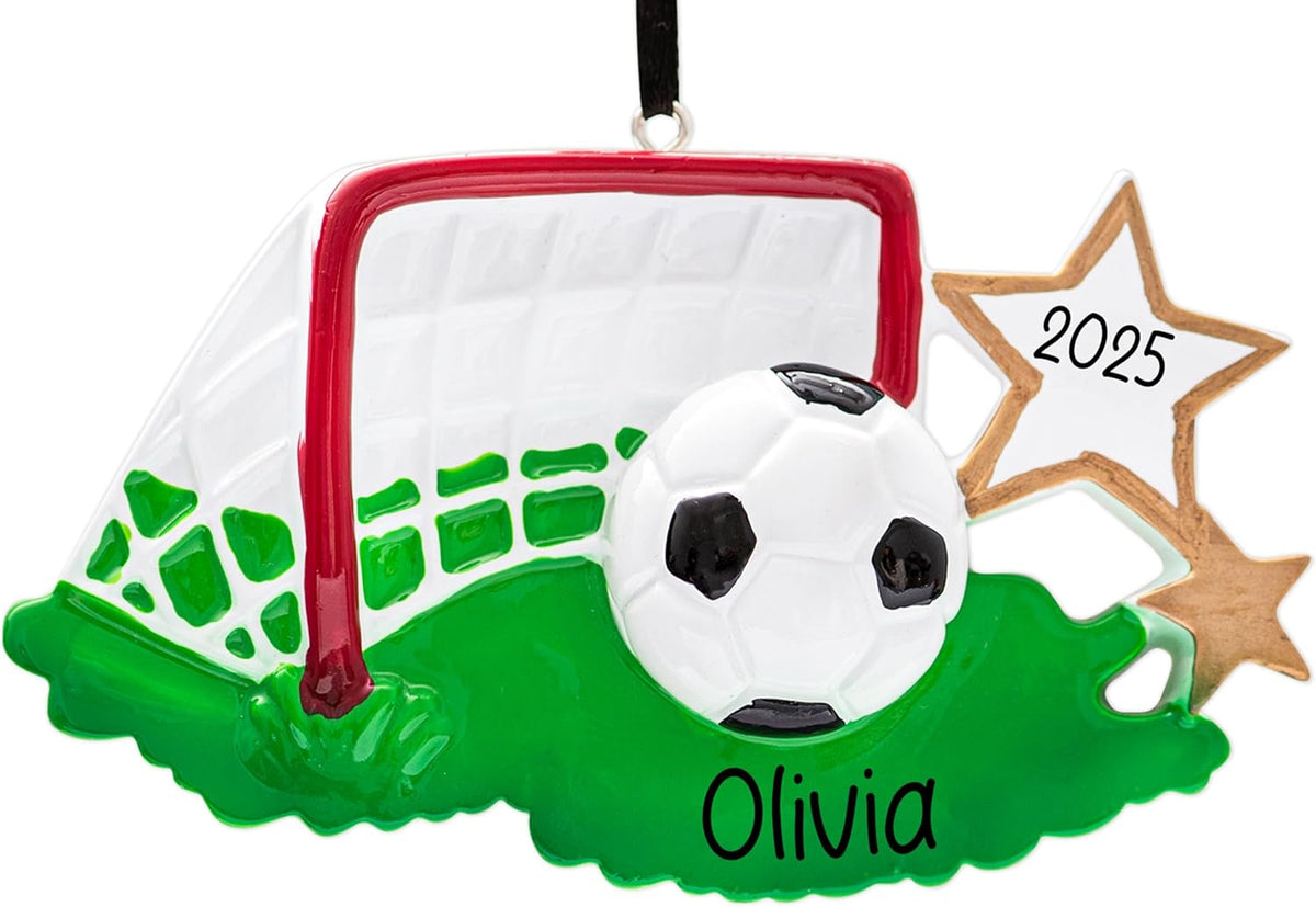 Personalized Soccer Christmas Ornament 2025 | Soccer Ball with Gold Stars Grass and Goal Net for Xmas Tree - Customized Gift for Soccer Player Coach Team Fan | Custom Unique Keepsake