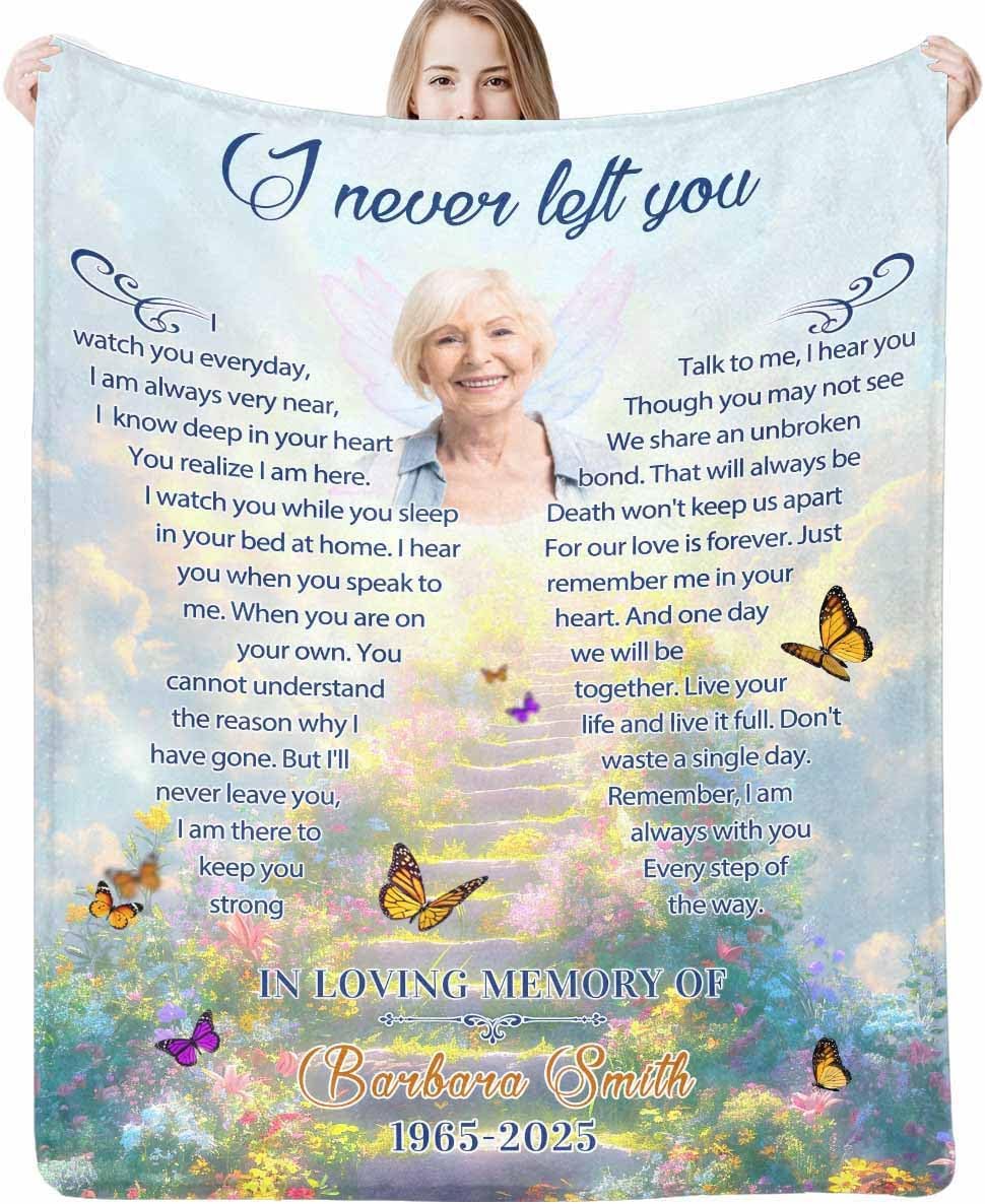 I Never Left You Custom Memorial Photo Blankets | in Memory of Loved One | Sympathy Gifts for Loss of Mother Father Husband Grandma Son | Bereavement Grief Gifts