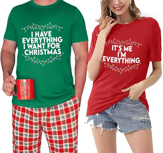 Christmas Couples Shirts His and Her Matching Xmas Outfits Sets Funny Christmas Family Pajamas Short Sleeve Tees Top