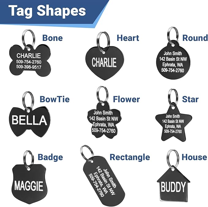 Stainless Steel Pet ID Tags - Engraved Personalized Dog Tags, Cat Tags Front & Back up to 8 Lines of Text Bone, Round, Heart, Flower, Badge, House, Star, Rectangle, Bow Tie