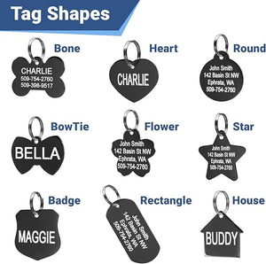 Stainless Steel Pet ID Tags - Engraved Personalized Dog Tags, Cat Tags Front & Back up to 8 Lines of Text Bone, Round, Heart, Flower, Badge, House, Star, Rectangle, Bow Tie