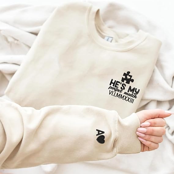 Custom Embroidered Perfect Piece and Roman Numeral Sweatshirt and Hoodie, Custom Name for Couple, Embroidered Custom Aniversary Date and Initial Hearts, Gifts for Him Her, Matching Couples