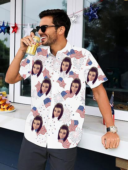 4th of July Custom Face Hawaiian Shirts for Men American Flag Patriotic Short Sleeve Button Down Outfits
