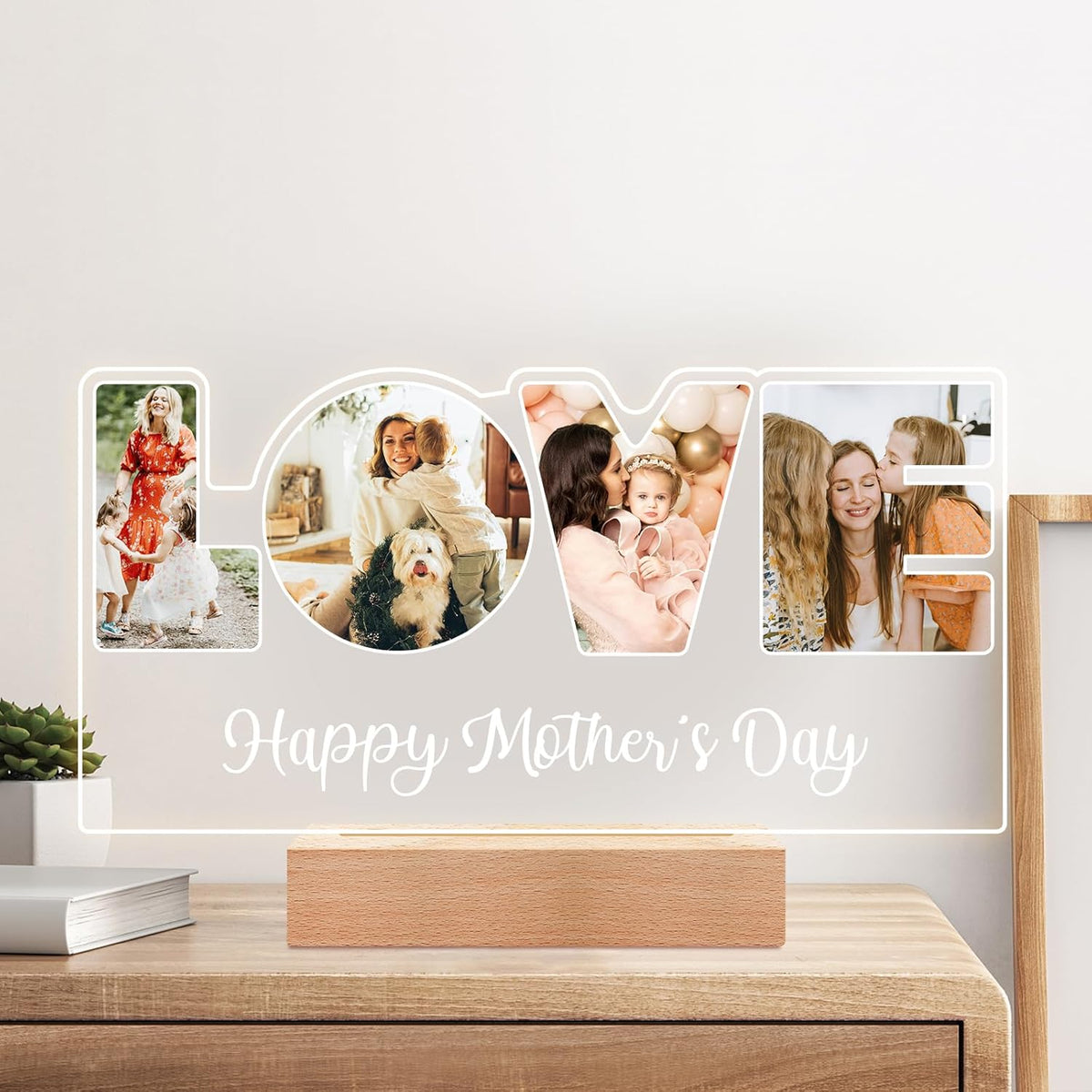 Personalized Mothers Day Gifts for Mom/Kid/Baby/Family/Pet, Custom LOVE Picture Frame with Photos, Personalized Photo Frame with Night Light, Personalized Mom Birthday Gifts from Daughter & Son
