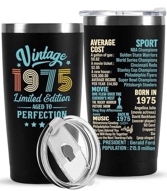 50th Birthday Gifts for Men Women, 50 Year Old Gifts Idea for Him Her,Custom Birthyear 1965 1965 1955 1645 Gift for Woman Man in Their 50s Back in 1975 Year Tumbler, Turning 50 Birthday Present
