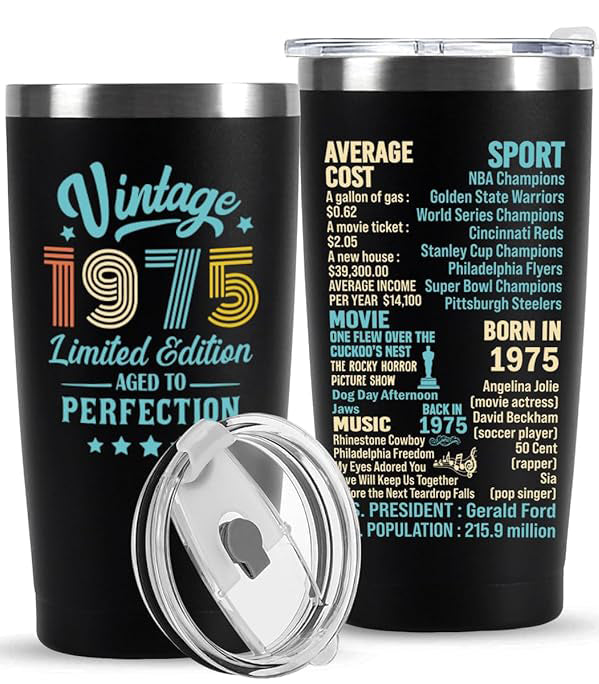 50th Birthday Gifts for Men Women, 50 Year Old Gifts Idea for Him Her,Custom Birthyear 1965 1965 1955 1645 Gift for Woman Man in Their 50s Back in 1975 Year Tumbler, Turning 50 Birthday Present