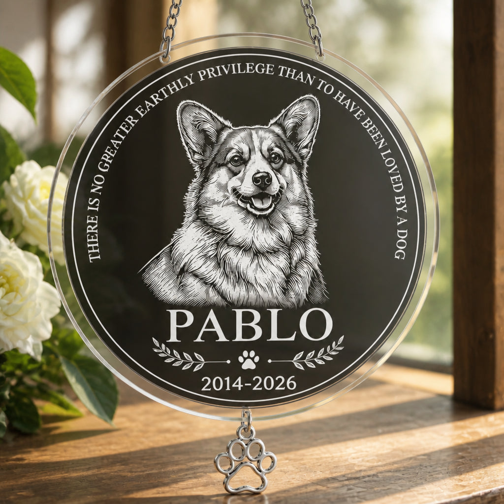 Custom Pet Memorial Stone – Engraved Portrait, Name & Years - Personalized 1 Layered Suncatcher with Charm 71233724-849b-4ba9-bd4e-8e79df28e5ff.jpg