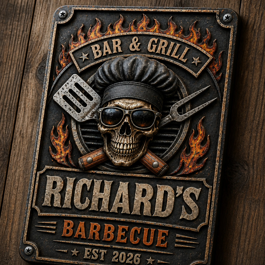 Personalized Bar & Grill Metal Sign – Skull Chef BBQ with Custom Name & Est. Year - Personalized Metal Sign 71285bed-ce77-4829-9b76-f33bba857819.jpg
