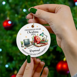 Customized Name First Christmas As A College Freshman Ceramic Ornament 2025, Personalized University Ornament Gift for Students Friends