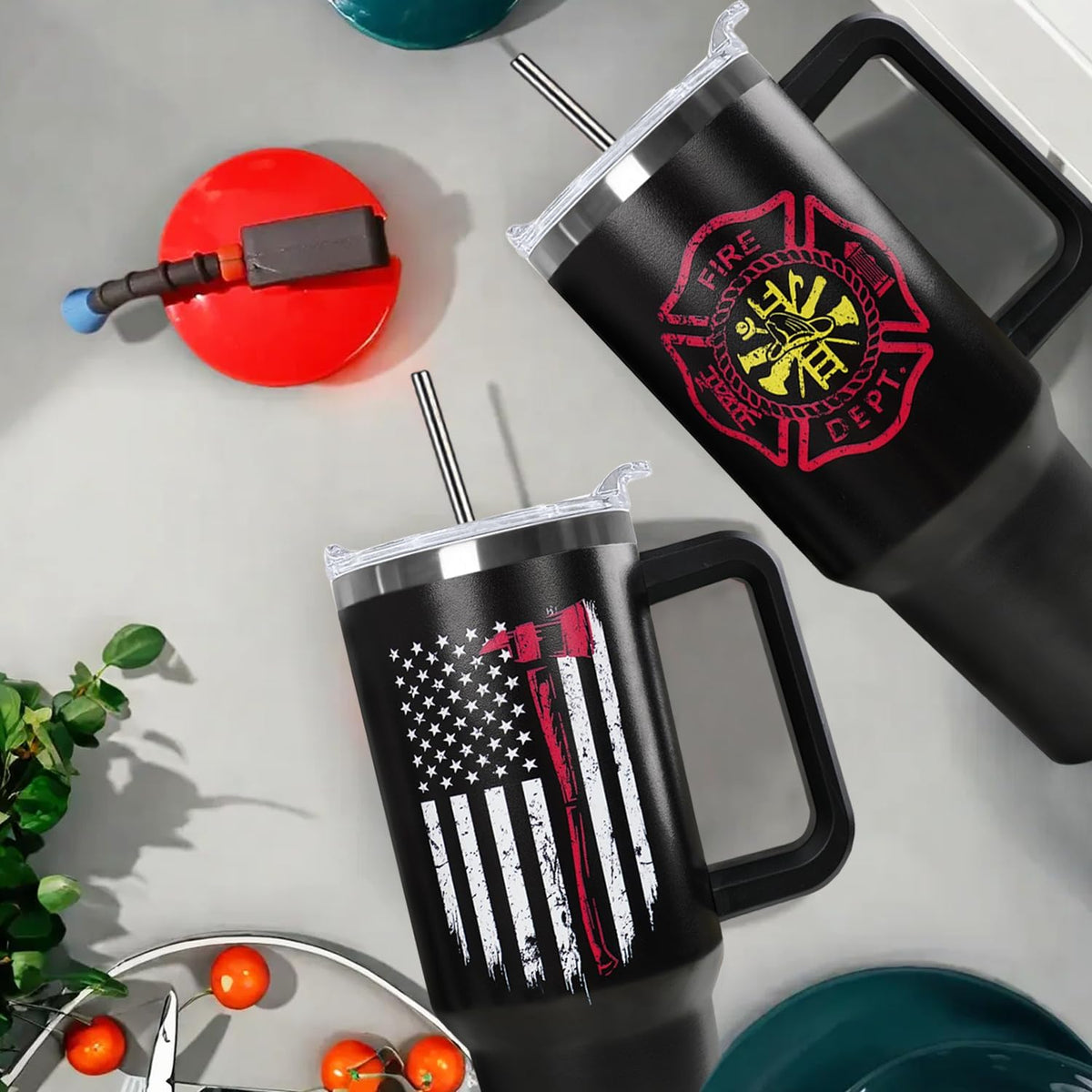 Firefighter Gifts for Men,40 oz American Flag Tumbler with Handle Lid and Straw Stainless Steel Cups Mug, Firefighter Stuff Supplies Accessories
