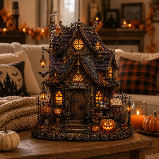 Custom Witch House Halloween Decor, Spooky Haunted Cottage Figurine, Lighted Pumpkin Bat Tabletop Display, Rustic Fall Mantel Gift For Home 7132ad83-dc89-48db-9b8c-30007c2fe966-fdggfdggffdfddff-2-.webp