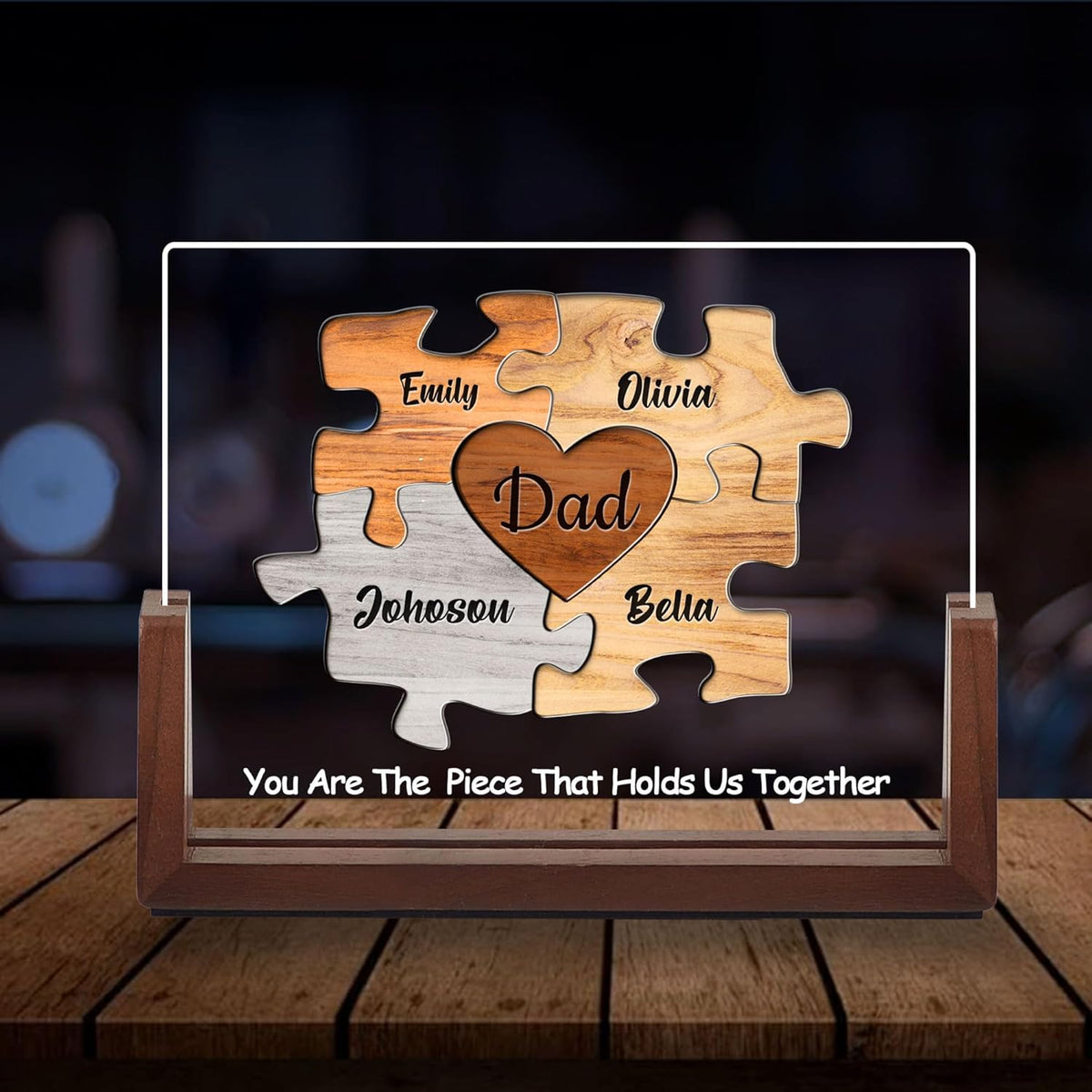 Personalized Fathers Day Ideas Gifts from Daughter Son Wife Kids, Custom Puzzle Acrylic Plaque with Name LED Light Walnut Base, Customized Christmas Birthday Gifts for Dad Husband