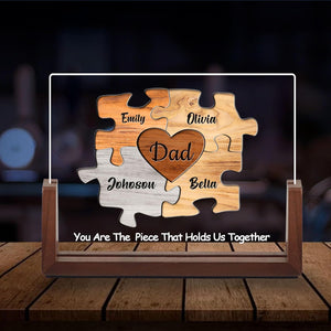 Personalized Fathers Day Ideas Gifts from Daughter Son Wife Kids, Custom Puzzle Acrylic Plaque with Name LED Light Walnut Base, Customized Christmas Birthday Gifts for Dad Husband