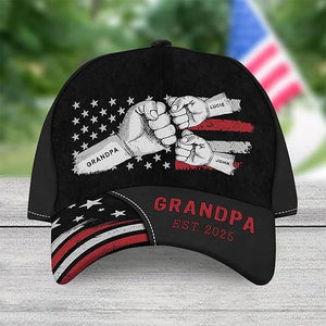 Personalized Grandpa Cap, Fist Bump Flag Dad Hat Custom Name, 3D Baseball Cap Men, Fathers Day Hat Gift for Dad Papa