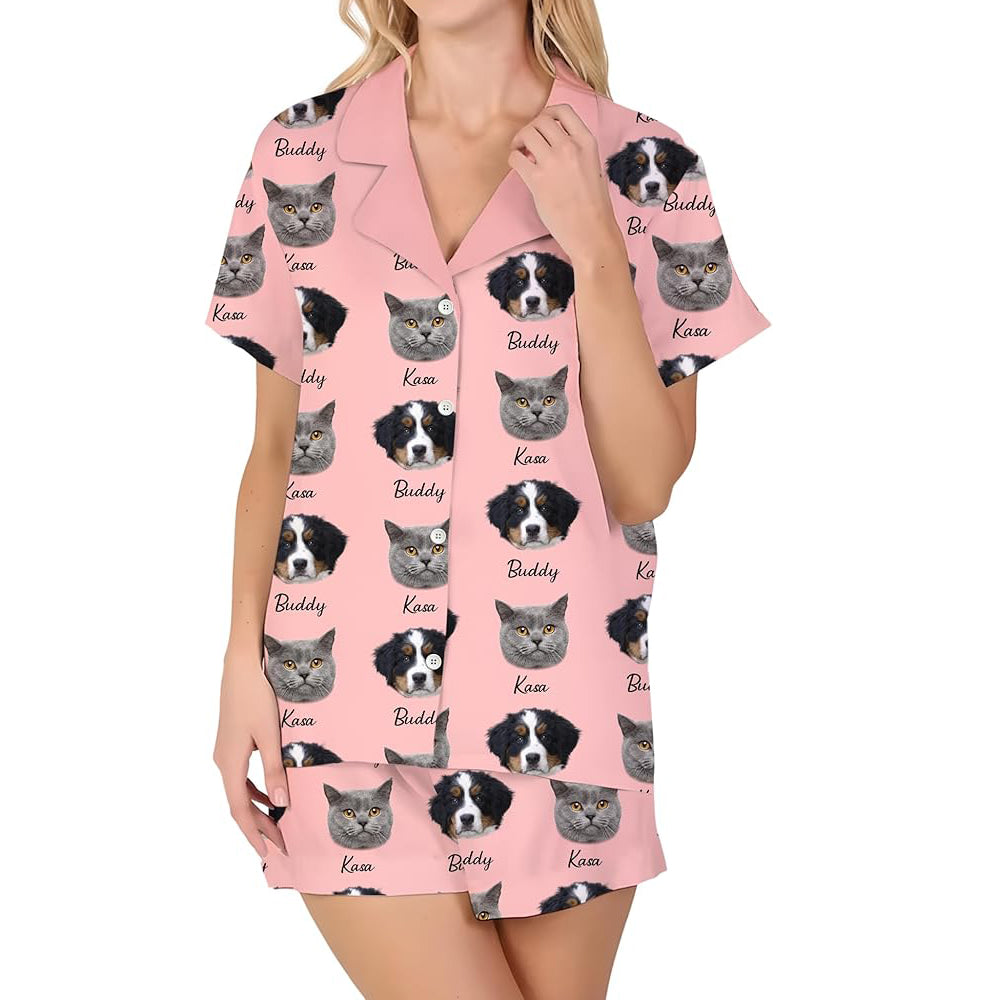 Personalized Women Pajamas Set with Photo, Custom Pet Face Button Down Pajamas Lounge, Gifts for Wife Girlfriend Mom