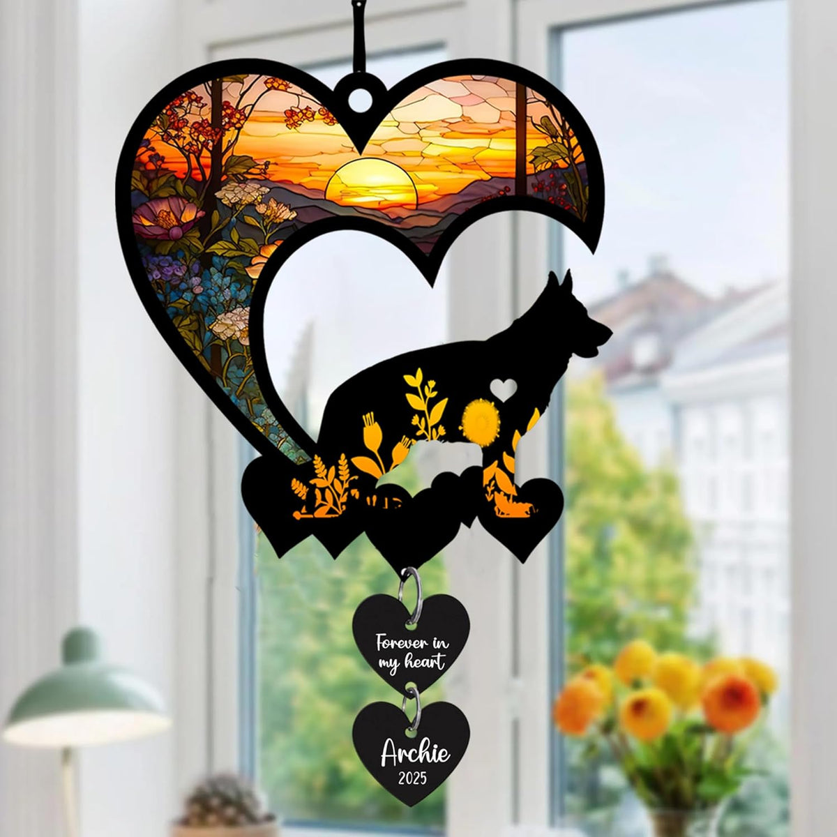 Personalized Dog Memorial Suncatcher, Custom Pet Memorial Gifts for Loss of Dog, SunCatcher Gift for Someone Who Lost a Dog, Dog Remembrance Stained Glass, Hanging Garden Decor with Heart