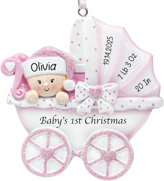 Personalized Baby's First Christmas Ornament 2025 | Baby Girl Carriage Xmas Tree Decoration Pink Stroller | My 1st Xmas Keepsake for New Baby Newborn Grandbaby - Custom Name & Year