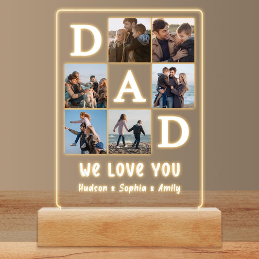 Personalized DAD Plaque with Night Light, Father's Day Birthday Gifts For Dad From Daughter Son, Custom Acrylic LED Gifts with photo for Grandpa Husband From Wife, Picture Frame for Men