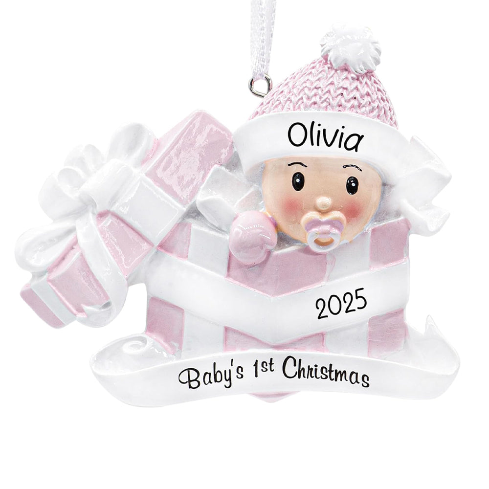 Personalized Baby's First Christmas Ornament 2025 | Custom Baby Boy in Blue Girl In Pink Present Xmas Tree Decoration Newborn New Grandbaby My 1st Year Ornament