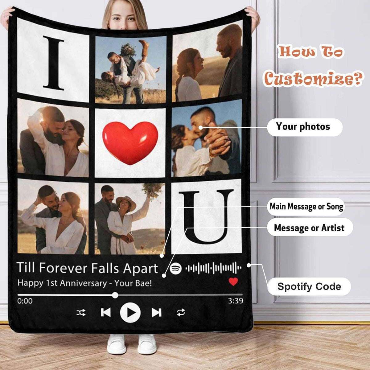 Personalized Spotify Code Music Blanket with Photo for Couples, Bridal Shower Gifts for Bride to Be, I Love You Wedding Gifts for Newlyweds Just Married Gifts Wedding Throw Blanket