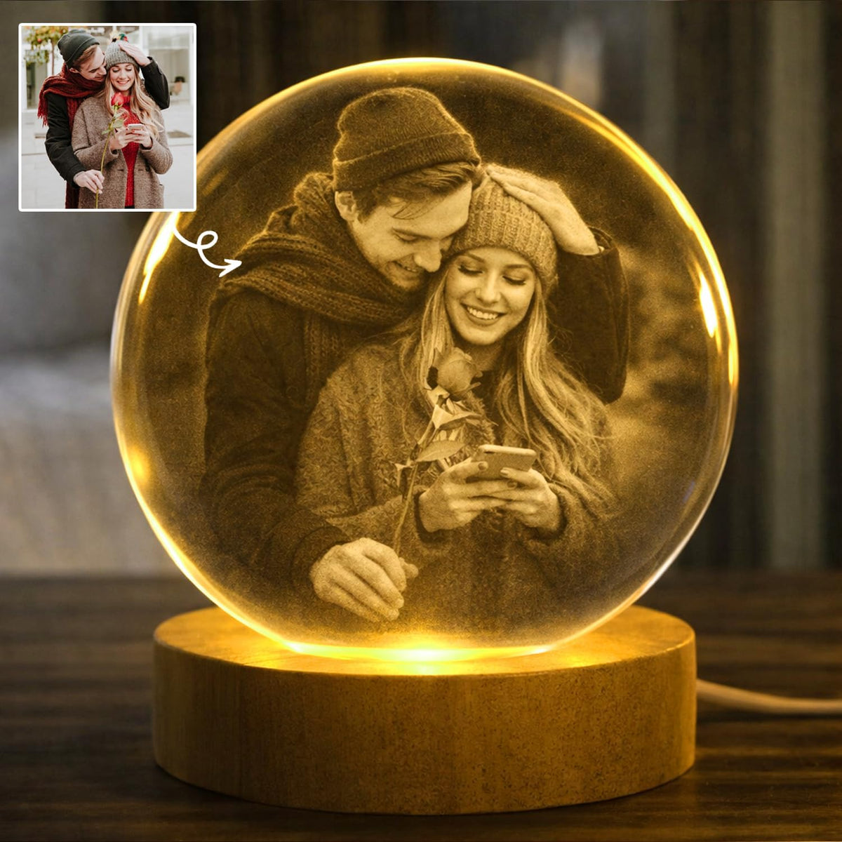 Personalized 3D Photo Crystal Ball, Custom Engraved Picture Lamp with Wood Base, Night Light for Couples, Gifts for Him Her Valentines Day, Anniversary, Personalized Gifts for Husband, Wife