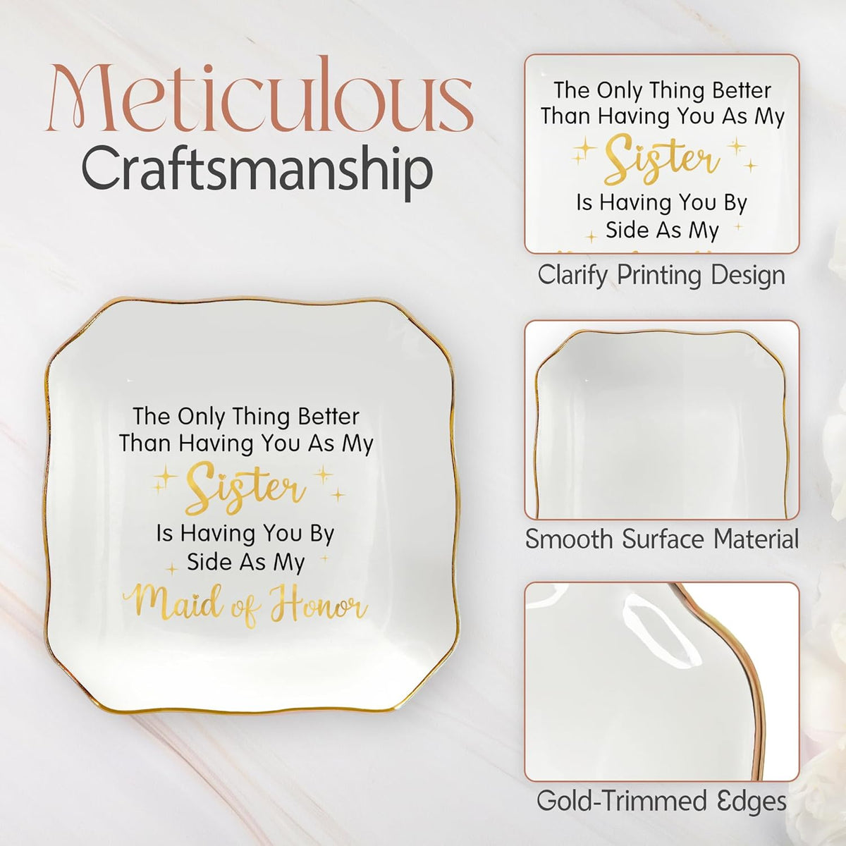 Maid of Honor Gifts for Women - Ceramic Jewelry Dish Tray - Wedding Bridesmaid Gifts for Sister, Ring Holder for Women, Jewelry Tray for Maid of Honor Proposal, Bridesmaid Gift Ideas