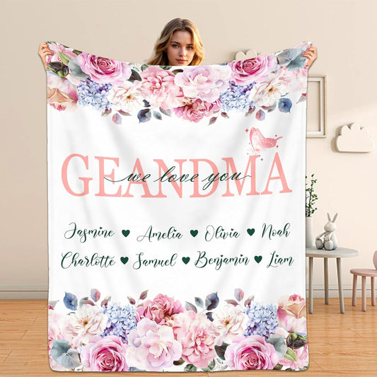 Blanket for Mom from Daughter Son Kids, Personalized Blanket with Name for Grandma, Mom's Garden Birthday Gift for Grandma Grandmother Mom Nana Gigi Mimi