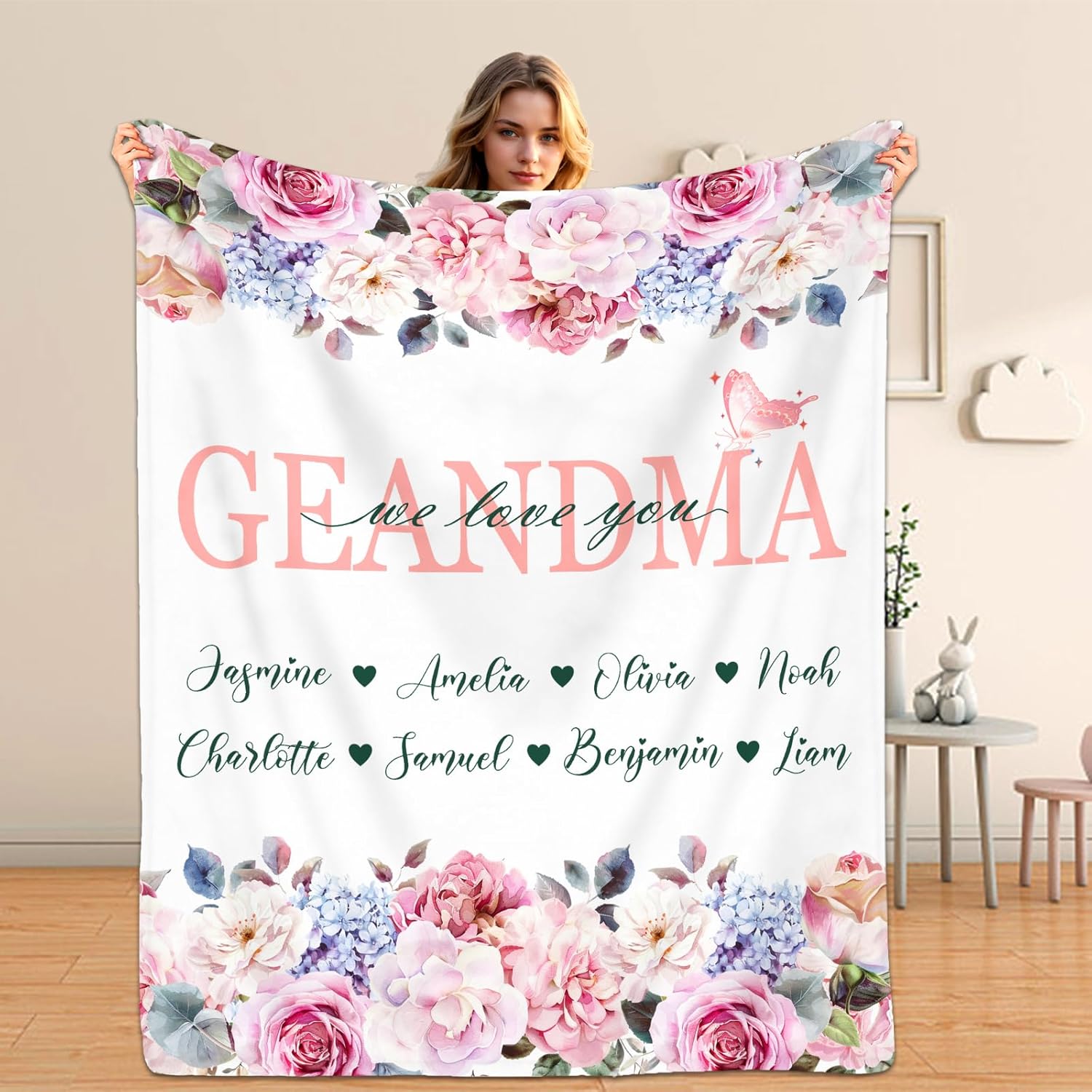 Blanket for Mom from Daughter Son Kids, Personalized Blanket with Name for Grandma, Mom's Garden Birthday Gift for Grandma Grandmother Mom Nana Gigi Mimi