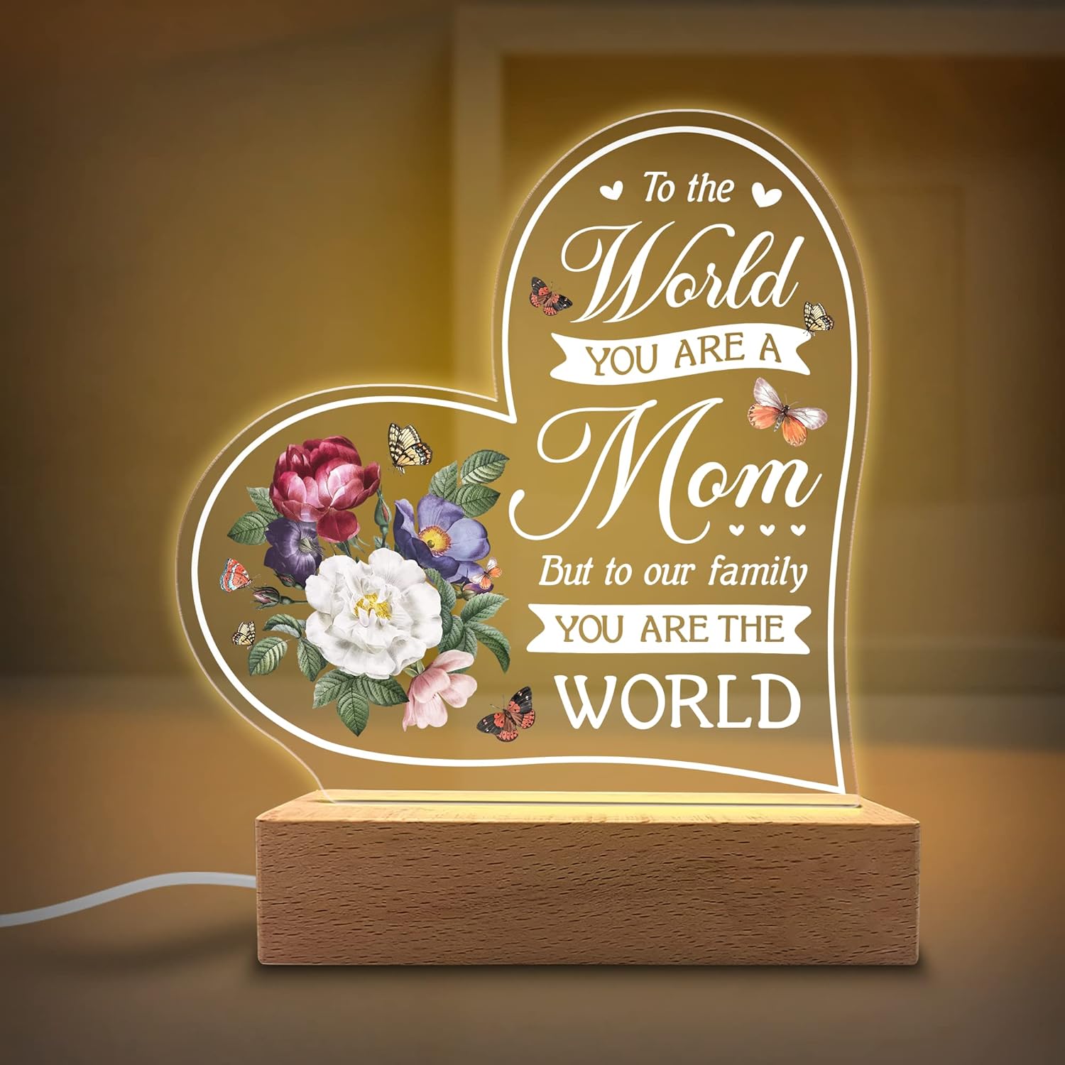 Acrylic Night Light Gift for Mother - to Our Family You are The World - Acrylic Light Gift for Mom from Son, Daughter on Mothers Day - Birthday Gifts to Mom