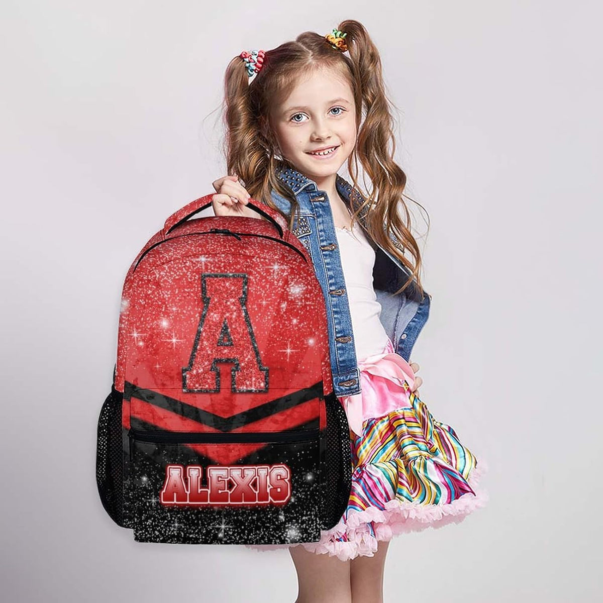 Custom Kindergarten Backpack for Girls Boys, Personalized Glitter Cheer School Bag for Kids Preschool Elementary - Red Cheerleader Daypack for School Travel Gym Work Hiking Camping