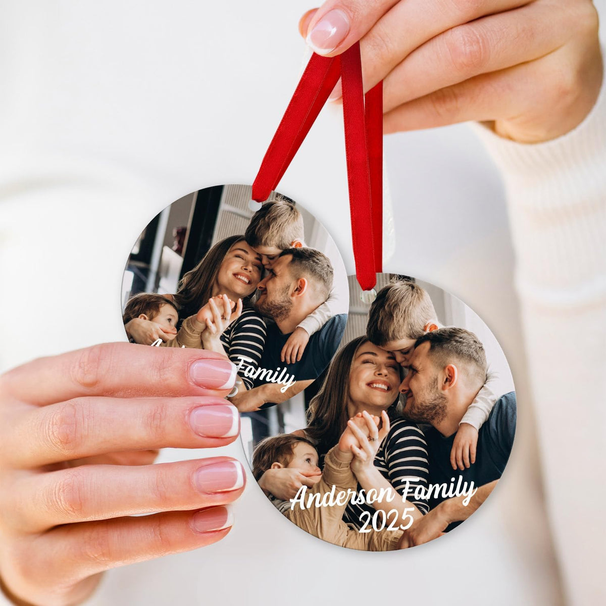 Personalized Christmas Ornaments, Custom Photo Text 2025 Christmas Tree Ornament, Velvet Pouch Included, Round Ornament