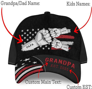 Personalized Grandpa Cap, Fist Bump Flag Dad Hat Custom Name, 3D Baseball Cap Men, Fathers Day Hat Gift for Dad Papa