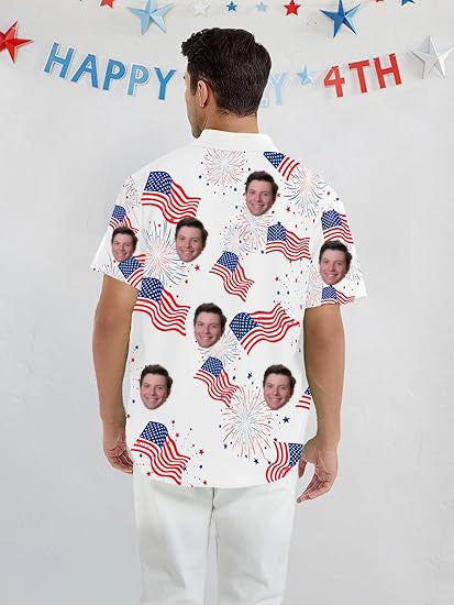 4th of July Custom Face Hawaiian Shirts for Men American Flag Patriotic Short Sleeve Button Down Outfits