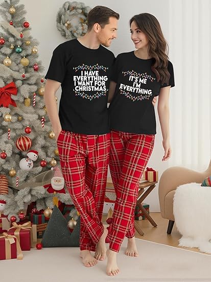 Christmas Couples Shirts His and Her Matching Xmas Outfits Sets Funny Christmas Family Pajamas Short Sleeve Tees Top