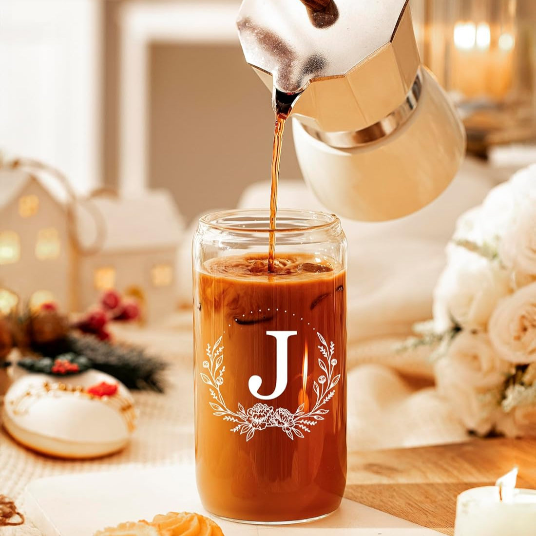 Personalized Gifts for Women, Monogrammed 16oz Glass Cups with Bamboo Lids and Straws, Customized Glass Tumbler, Cute Custom Mug, Customizable Initial Iced Coffee Glasses, Birthday Bridesmaid Mom