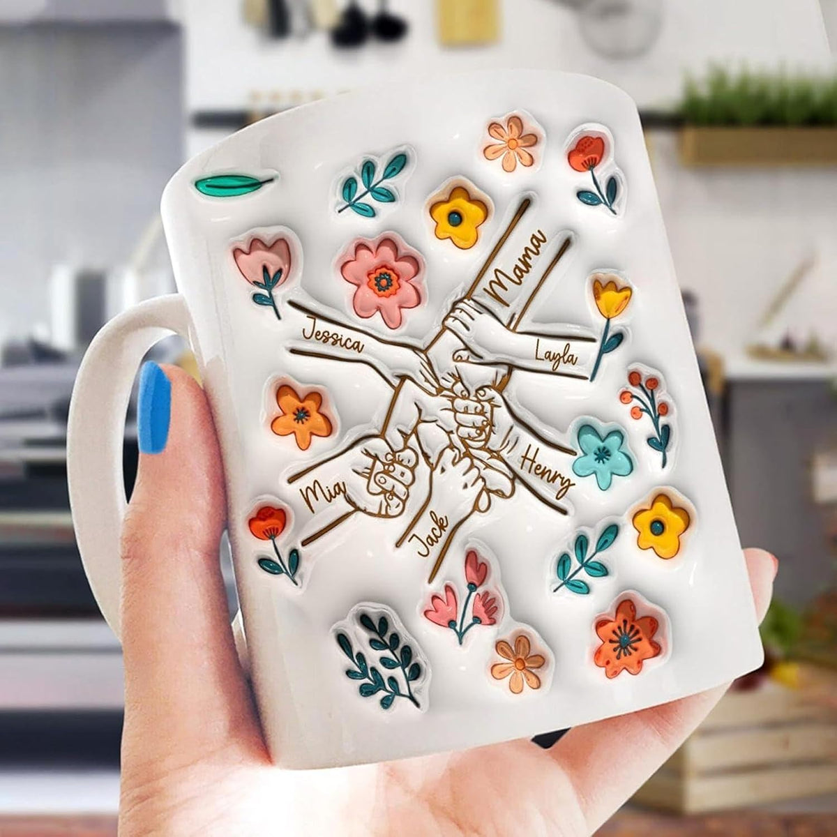 Personalized Mother's Day Gifts Mom You Hold My Hand Also My Heart Mug, Family Personalized Custom 3D Inflated Effect Printed Mug, Mother's Day, Gift For Mom, Grandma, Nana